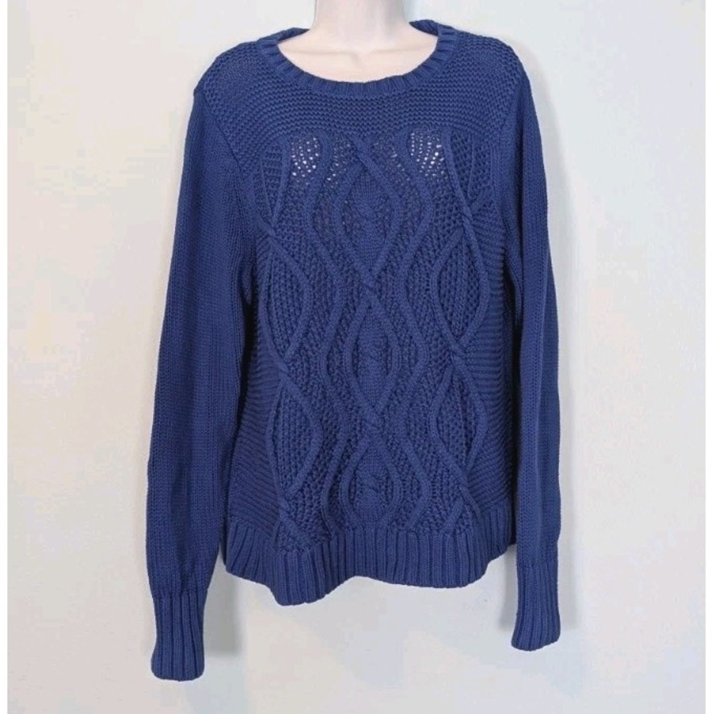 Lands End Drifter Fisherman Cable Knit Sweater Women's XL Blue 100% Cotton